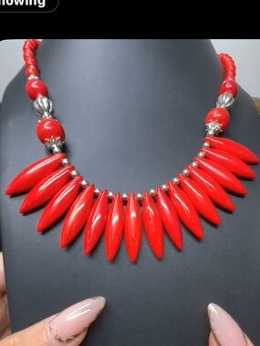 Red Spike Bead Statement Necklace - vintage Y2K NOS